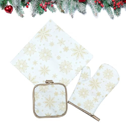 Durdiiy Christmas Snowflake Oven Mitts Set Pot Holders Baking Towels Polyester Heat Resistant Extra Long Hot Pads Kitchen Stain Removal Clean Gloves Cooking BBQ Grilling Baking Kit Gift