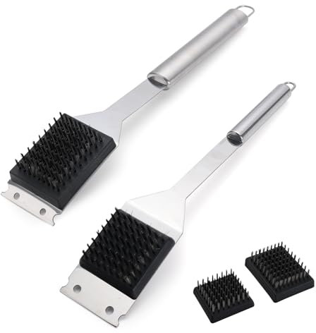 Foyucool 2 Pieces BBQ Cleaning Brushes and 2 Replaceable Brush Heads, 40cm & 35cm BBQ Grill Brush for Outdoor Grill, Cleaning Brush BBQ Accessories, Thickened Stainless Steel Scraper and Long Handle