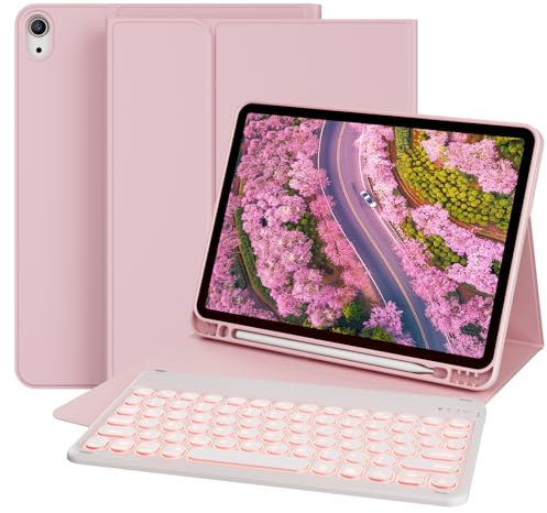 GKABXY Case with Keyboard for iPad Air 11 inch (M2/M3) 2024/2025, iPad Air 5th/4th Generation 10.9 With Pencil Holder, Soft TPU Back, 7 Colors Backlit Detachable Bluetooth Round Keyboard, Pink