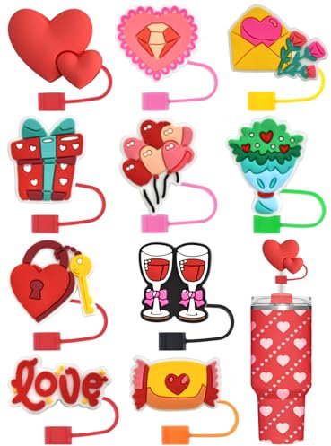 10 Pcs Valentine's Day Straw Toppers Straw Cover for Cup 30-40 oz, PLULON 10 mm Silicone Straw Toppers Sweet Heart Reusable Straw Tip Covers Dust-Proof Straw Protector Accessories
