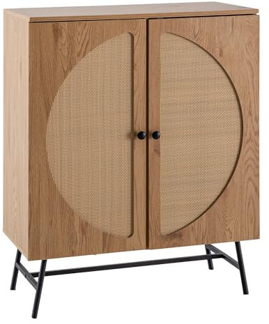 FineBuy Sideboard 80x103x39 cm Highboard Eiche-Dekor mit Rattan Geflecht Modern, Hoher Kommodenschrank, Standschrank mit 2 Türen, Kommode Anrichte Wohnzimmer