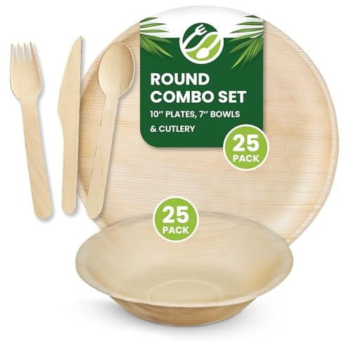 Eco Leaf 125pcs Disposable Palm Leaf Plates, Bowls and Wooden Cutlery Set – 25 Large Round Plates, 25 Bowls, 25 Forks, Knives and Spoons – Eco-Friendly, Oven Safe, Ideal for Parties