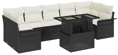 vidaXL 8-teiliges Garten-Sofa-Set mit Kissen, schwarz, Poly Rattan – Outdoor-Möbel für deinen Patio, inklusive Tisch und gepolsterter Lounge-Couch, modulare Gartenanordnung