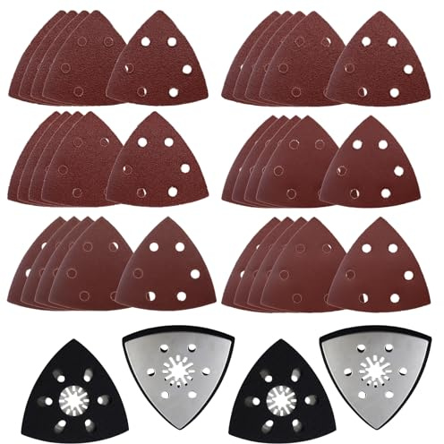 MIPIACE 34 Stück Schleifplatte Set 4 Schleifplatte Dreieck 6 Löchern Multitool Schleifplattes mit 30 Schleifpapier Dreieckschleifer Schleifaufsatz für Holz Metall (Körnung 40/60/80/120/180/240)