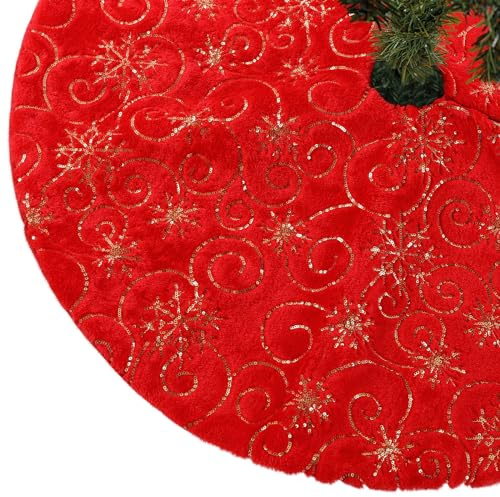 CITÉTOILE Weihnachtsbaum Rock Christbaumdecke Kunstfell Glitter Schneeflocke Rund Weihnachtsbaumdecke Fell Christbaumständer Teppich für Weihnachtsfeiertag Deko, Rot, M
