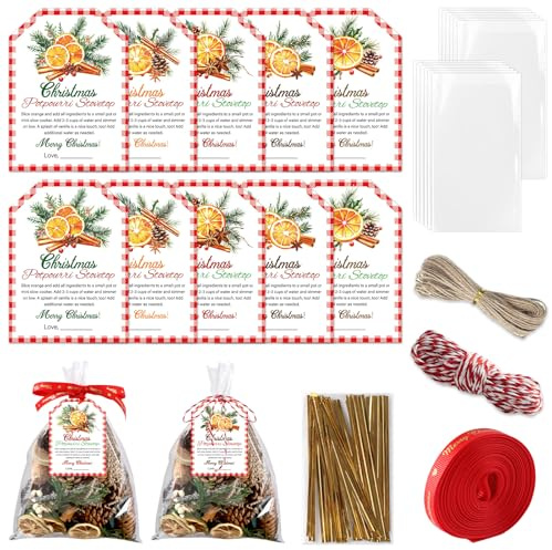 25 Sets Christmas Potpourri Cellophane Bags with Stovetop Simmer Instruction Tags Potpourri Gifts Labels Holiday Simmer DIY Crafting Gift Wrapping Kit for Home Xmas Party Gift Decor 7x10 Inch