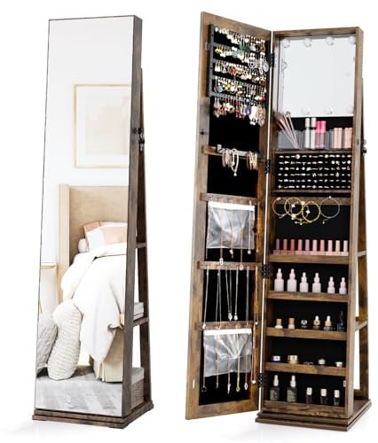 COSTWAY Schmuckschrank, 360° Drehbar, Spiegelschrank abschließbar mit LED-Leuchten & Make-up-Spiegel, Freistehender Standspiegel, Ganzkörperspiegel für Ketten, Ohrringe, Schminke (Braun)