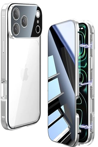 OMGZONE Privacy Case for iPhone 17 Pro Max Magnetic Cover,Screen Protector built-in Anti-peep Tempered Glass Full Cover with Camera Protector,360 Degree Metal Bumper Case for iPhone 17 Pro Max,Silver