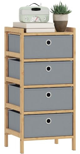 HOMCOM Chest of Drawers with Bamboo Frame, 4 Fabric Drawers, Light Grey | Dresser, Narrow Storage Unit, for Small Spaces, Bedroom, Living Room, Hallway