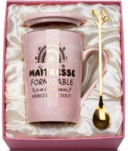 Cadeau Maitresse D'école, Cadeau Merci Maitresse Mug 400ml, Cade-au Maitre D'école Marbré Céramique Tasse, Cadea-u Professeur Idee Cadea-u Fin D'année Maitresse, avec Cuillère, Boîte Cadeau, Carte