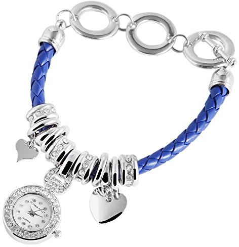 Donna Kelly Damenuhr analog Armbanduhr Silberfarbig Quarzwerk und Metallgehäuse rund 24mm x 7mm Kunstlederarmband Blau 24,5cm x 6mm und Ziffernblatt in weiß inkl. Steinbesatz 191523000001