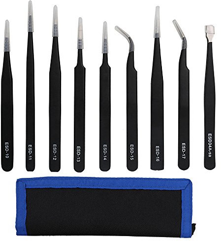 9Pcs Professional ESD Anti-Static Stainless Steel Tweezers Set Tweezer Maintenance Tools for Electronics, Jewelry-Making, Laboratory Work Hobbies, in Rolling Package