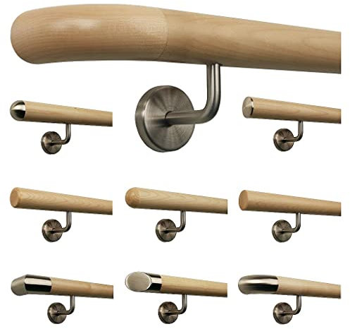Barandilla de arce para escalera, mango de madera, soporte de acero inoxidable, longitud 30 – 500 cm de una pieza/variante: 100 cm con 2 soportes de madera curvada