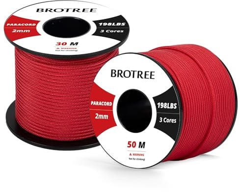 Brotree 2mm Paracord 3 Strands 30M 100% Nylon Rope Parachute Cord for Outdoor, Craft, DIY - 90kg Breaking Load (Red)