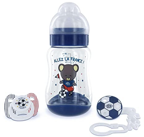 Coffret Foot dBb Remond - 1 biberon L.O -large ouverture- en tritan 300 ml + 1 sucette et son attache-sucette - bleu
