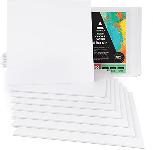 Arteza Malkarton, 15x15 cm Großpack mit 28 Leinwänden, weiße grundierte Leinwand quadratisch 100% Baumwolle, für Malerei, Acrylgießen, Ölfarben & nasse Kunstmedien, Malpappe für Profis & Hobbymaler