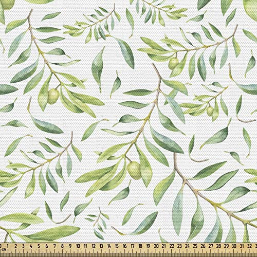 ABAKUHAUS Grünes Blatt Stoff als Meterware, Künstlerischer Olivenbaum, Qualitäts Stoff Dekorativer Polster Heimtextilienstoff, 2M (148x200cm), Avocadogrün Olivengrün Weiß