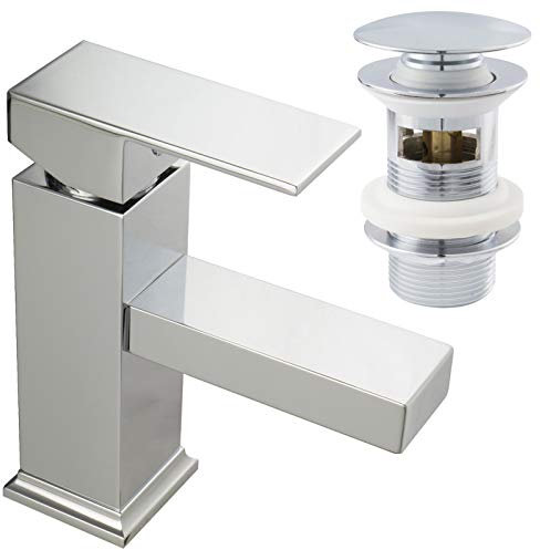 PaulGurkes Waschtischarmatur Einhandmischer Wasserhahn Aufputz Armatur für Waschbecken Eckig mit Popup Excenter Bouncing mit Überlauf massives Messing hochwertig verchromt
