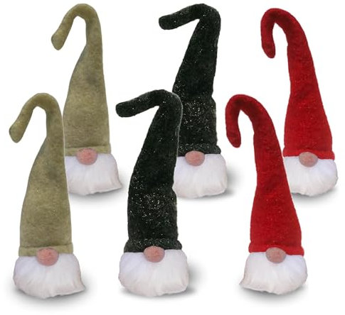 Bada Bing 6er Set LED Wichtel mit Filz Mütze in Beige Rot Grau H ca. 26 cm x Ø 6,5 cm biegsamer Anhänger Weihnachtstwichtel als Baumschmuck Weihnachten Geschenkanhänger Deko Dekoration Licht 30