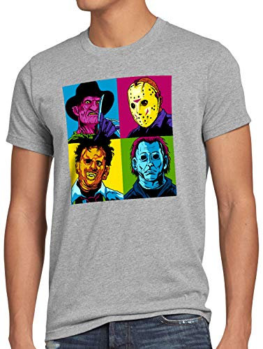 style3 Pop-Art Grusel Herren T-Shirt Freddy jasonn Michael Leatherface Warhol, Größe:XL, Farbe:Grau meliert