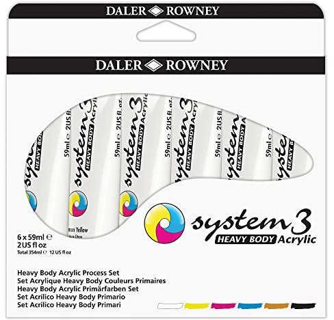 Daler-Rowney System3 Heavy Body Acrylic Set, 6 x 59ml Tubes, Assorted Vibrant Colours, Impasto Technique, Multi-Surface, Ideal for Professional Artists & Students
