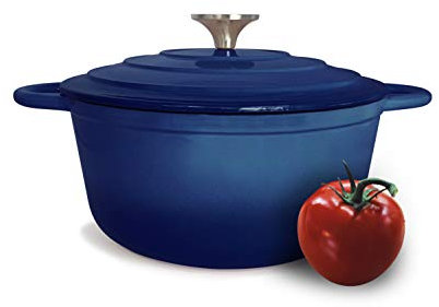 Cast Iron Pot with Lid Non-Stick Enamelled Casserole Dish - Oven Safe Heavy Duty Dutch Oven – 24cm Round – Blue 3.7L
