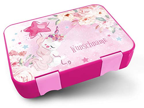 yabaduu Design Schutzfolie für Brotzeitbox Schmatzfatz Junior Passgenau 20,45x14cm personalisiert Kinder Lunchboxsticker Aufkleber Matt Sticker Zubehör Lunchbox (Y047-02 Einhorn, Mit Wunschname)