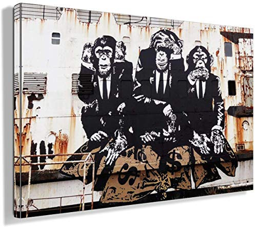 MJEDC Banksy Bilder Leinwand 3 Affen Bild Graffiti Street Art Leinwandbild Fertig Auf Keilrahmen Kunstdrucke Wohnzimmer Wanddekoration Deko XXL (30x40cm(11.8x15.7inch))
