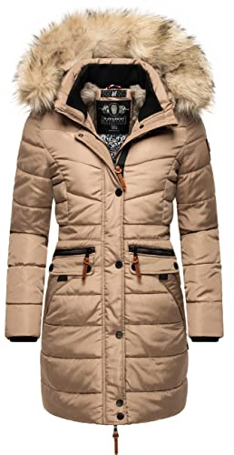 Navahoo Damen Wintermantel warmer Steppmantel lang mit abnehmbarer Kunstfell-Kapuze Paula Taupe Grey Gr. XS