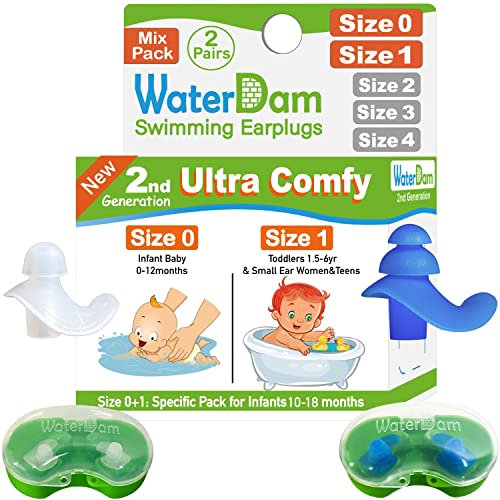 WaterDam Lot de 2 paires de bouchons d'oreille de natation pour bébés et tout-petits, transparents de 0 à 1 an et bleus de 1,5 à 4 ans, ultra confortables, réutilisables et imperméables en silicone