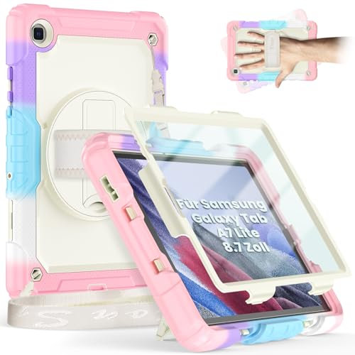 Timecity Hülle für Samsung Galaxy Tab A7 Lite 8,7 SM-T220 / T225 Stoßfeste Robuste Schutzhülle mit Displayschutz Drehbarer Ständer Handschlaufe Schultergurt Stifthalter Kinder-Rosa
