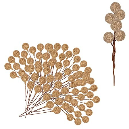 100 fiori di frutta glassati di agrifoglio, fiori artificiali, bacche di Natale, albero di Natale, decorazioni (oro)