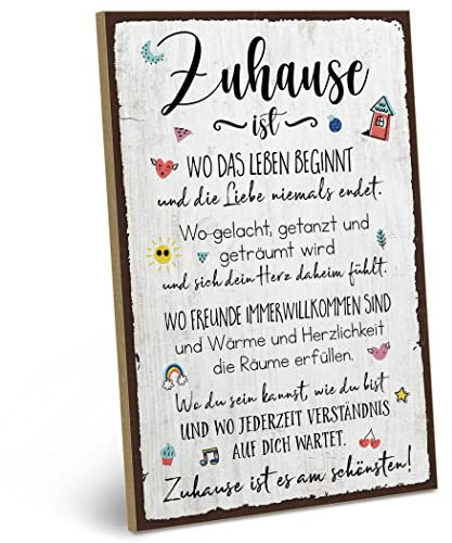 ARTFAVES® Wandbild Holzschild mit Spruch - Zuhause ist wo das Leben beginnt - Türschild Retro Vintage Deko Bild Geschenk - Familie, Zuhause, Liebe