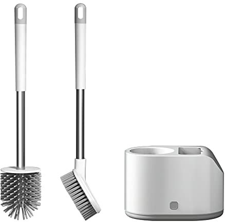 LKFDTW Silicone Toilet Brush and Holder Sets, 2 Pack Bathroom Wall Mounted Long Handled Scrubbing Brushes, Cleaning Floors Tool Brushes with Base for Anti-drip (White)
