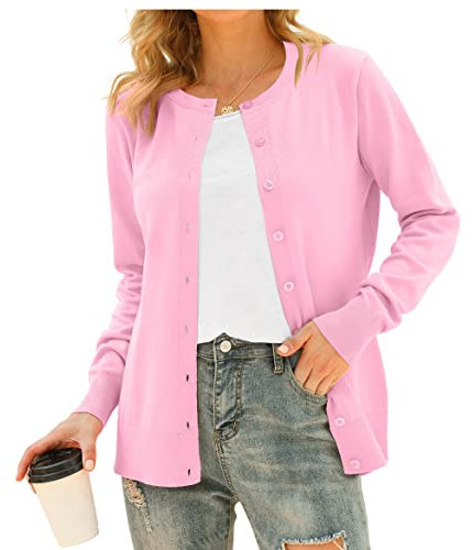 DEARCASE Femme Casual Cardigan Coupe Ample à Manches Longues Gilet Chaud Léger Cardigan avec Boutons Manteau Chic, Rose L
