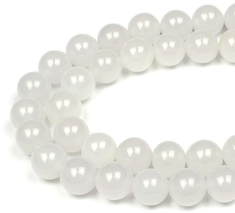 MJDCB Natural Round Stone Beads 10mm White Agate Loose Gemstone Beads for Jewelry Making Bracelet Necklace 35pcs