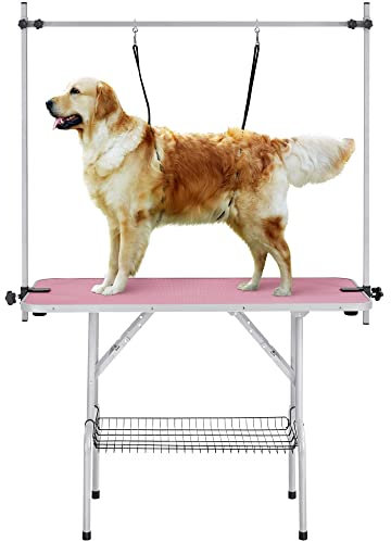 Yaheetech 46 Pet Dog Grooming Table Height Adjustable Dog Beauty Table for Large Dogs/Cats w/Storage Basket/Noose Tools 177cm High Pink