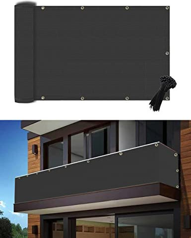 0.9x6m Black Balcony Privacy Screen Fence Cover UV Protection Weatherproof Waterproof Windscreen for Apartments Patio Outdoor Backyard Porch Deck Railing with Cable Ties