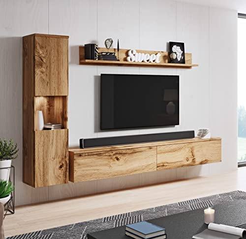 MINIO go for it - Wohnwand Parma, 3-Teilig Set, mit LED Beleuchtung, Hängend oder Stehend, Highboard, Lowboard, Wandboard, Laminierte Spannplatte, Farbe: Wotan Eiche