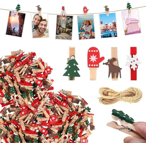 MILIAFLICK Weihnachten Holzklammern 100 Klein Holzklammern mini Wäscheklammern Weihnachten Weihnachtsbaum Schneeflocke Rentier Handschuhe Klammern Holz Weihnachten Dekoklammern Weihnachten