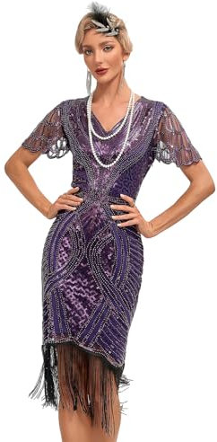 Viloree Robe Soirée Femme Paillette Frange Robe Année 20 Violet (55) XL