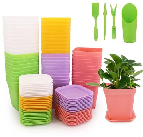 Seahelms 50 Pcs Plastic Plant Pot 7.5cm Plastic Plant Seed Pots with Mini Transplanting Tools Reusable Flower Nursery Seedling Pots for Indoor/Outdoor Home Décor Gardening