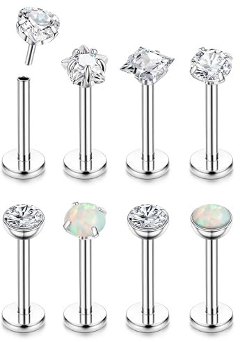 Chriscoco 18G G23 Titan Lippenpiercing Labret Nasenpiercing Stecker CZ Opal Ohr Monroe Medusa Conch Helix Tragus Silber-8MM