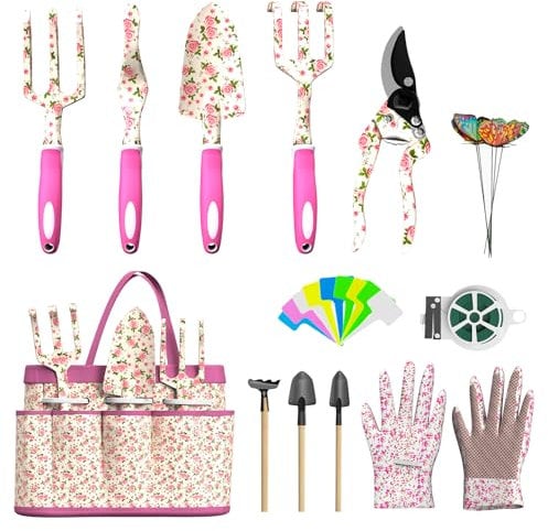 MYMULIKE Set d'Outils de Jardinage pour Femmes, 26 PCS Outils de Jardinage de Style Floral avec Gants, Sac de Rangement, Décors de Papillons et étiquettes de Plantation Colorées Inclus