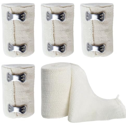 Simsky 5 Pièces Bandage Médical Élastique, Bande de Crêpe Médicale 4.5 m x 5 cm, 5 Rouleaux, Compression Extensible, Absorbant et Réutilisable en Coton Pur