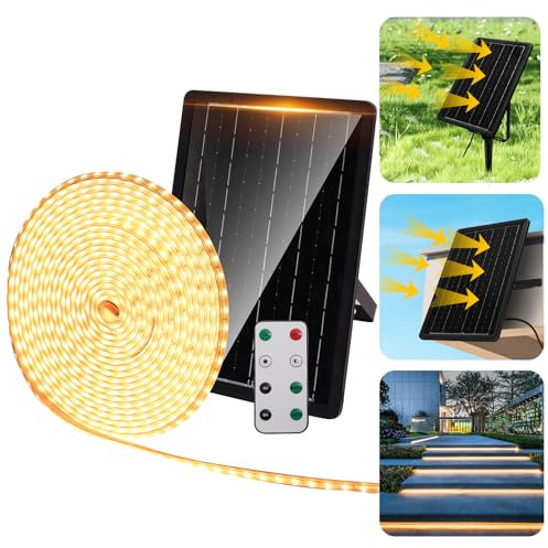 Aigostar Tira LED Solar 100W con Control Remoto,Luces LED Habitación/Exterior 10M 1000LM,Tira LED Solar Exterior Impermeable IP65,2700K Luz Calida,Luces de Para Jardín,Patio,Camino,Fiesta,Escalera
