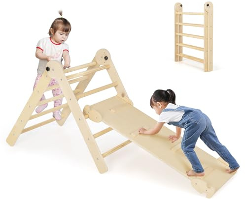 COSTWAY Toddler Climbing Frame, Foldable Kids Indoor Gym Playset with Double-side Ramp, Wooden Triangle Cilmbing Montessori Toy for Boys Girls (Natural)