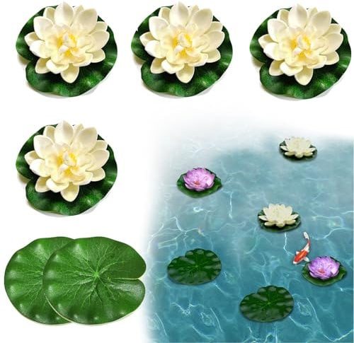 SwirlColor Flor de Loto Lotus Leaves Set 6pcs, Realistas Nenufares Flotantes Artificiales Espuma Flotante para Decoración de Estanque de Acuario - Blanco