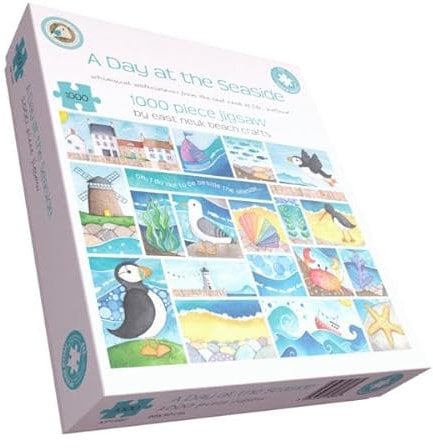 A Day at the Seaside 1000 Piece Jigsaw Puzzle for Adults – Coastal Collage by Louise Stocker – Calming Beach Puzzle Featuring Seagulls, Starfish, Puffins & Ocean Life