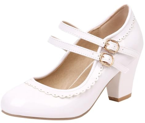 HSyc JRX Damen Lack Mary Jane Blockabsatz High Heels Pumps mit Spitze Elegant Schuhe